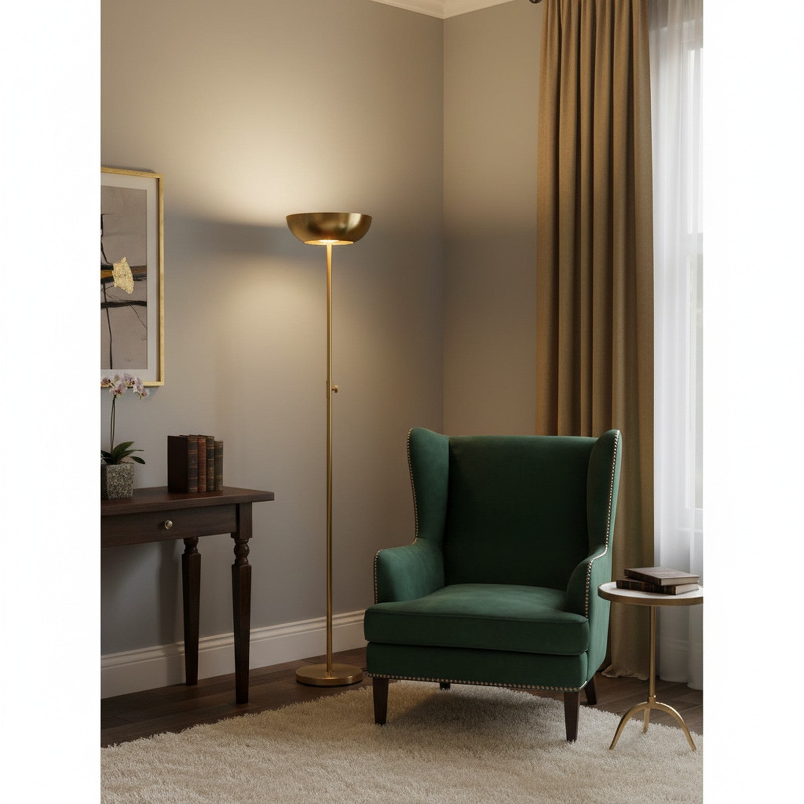 Brass torchiere floor lamp in elegant living room corner creating soft ambient uplight