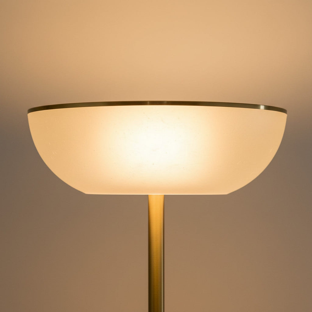 Close-up frosted glass bowl shade detail showing milk glass translucency and brass rim